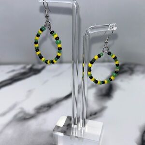 Vibrant Jamaican Beaded Hoop Earrings - Black, Yellow, Green